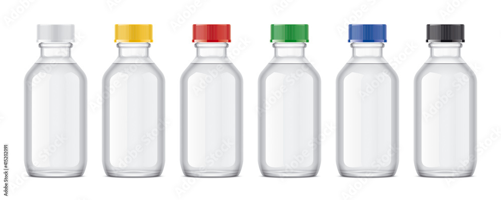 Set of Transparents Pharmaceuticals Bottles with color Caps. 