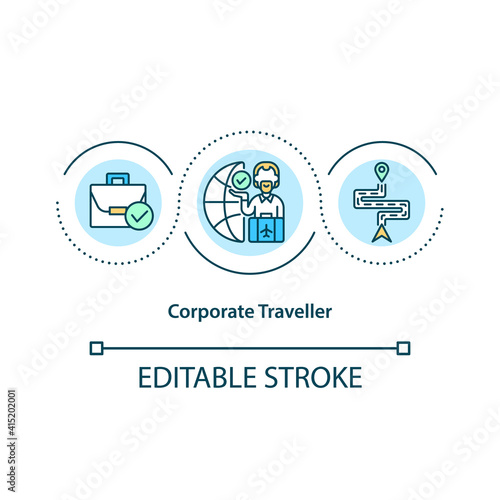 Corporate traveller concept icon. Travel primary of business-related idea thin line illustration. Employees travelling to conference. Vector isolated outline RGB color drawing. Editable stroke © bsd studio