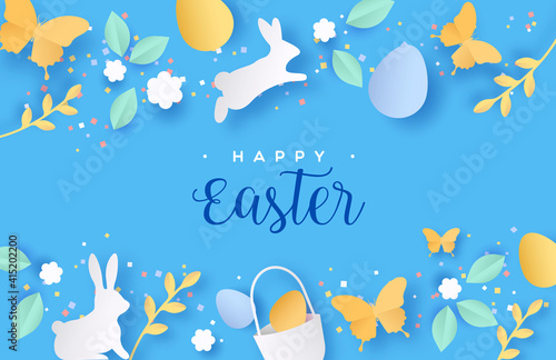 Happy Easter colorful paper cut rabbit egg card photo