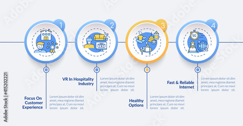 Business travel trends vector infographic template. Healthy options presentation design elements. Data visualization with 4 steps. Process timeline chart. Workflow layout with linear icons