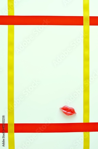 red, yellow, ribbon, braid, edging, frame, lips, kiss, glitter, isolated, white, abstract, poster