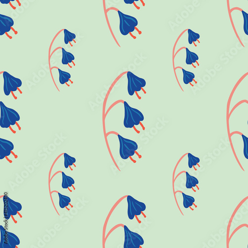 Bloom seamless doodle pattern with meadow bright blue bell flower print. Light pastel background.