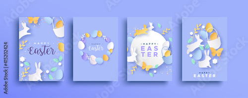 Happy easter spring paper cut rabbit egg card set