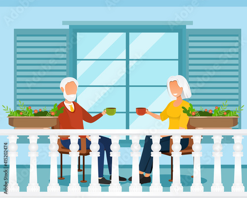 Grey elderly couple is drinking coffee on balcony. Concept of neighborhood and staying at home. Cute old man and woman drink tea on floral terrace. Flat cartoon vector illustration