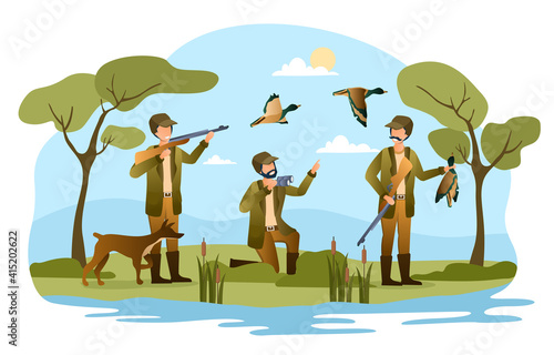 Three male hunters with prey. Hunter friends with dog, guns, binoculars. Male characters are trying to shoot ducks flying around. Flat cartoon vector illustration