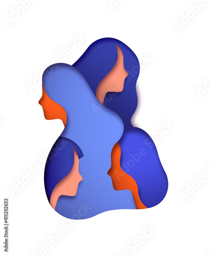 Paper cut isolated woman team face illustration