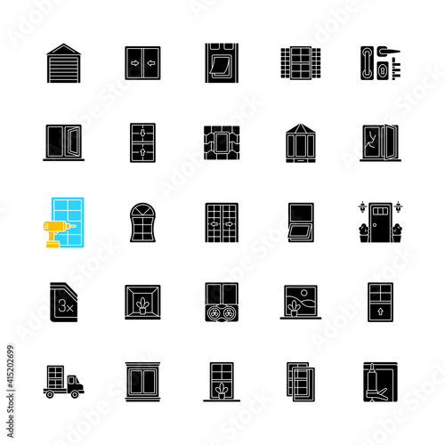 Window and door installation service black glyph icons set on white space. Increasing energy efficiency. Break-ins prevention. Maximum natural light. Silhouette symbols. Vector isolated illustration