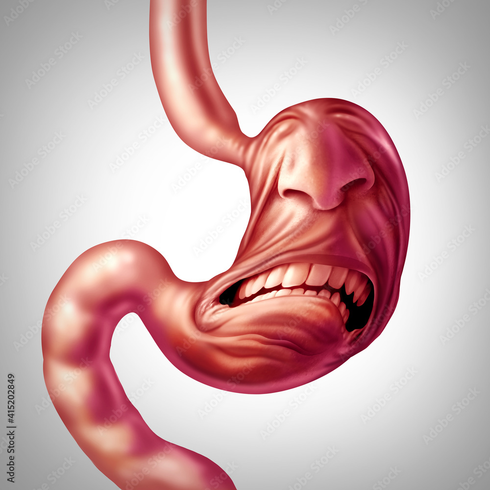 Stomach ache and upset digestion problem and food poisoning pain or ulcer discomfort medical concept as a human digestive organ painfully screaming as a healthcare stress and anxiety - obrazy, fototapety, plakaty 