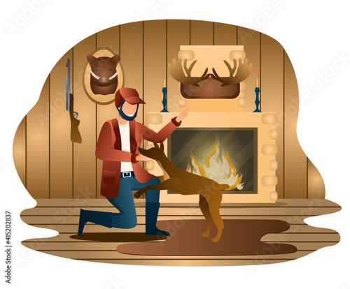 Male hunter is teaching his dog in wood house. Hunter with dog. Man is playing with his dog with fireplace on the background. Flat cartoon vector illustration