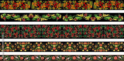 Set of 5 vector border patterns with floral ornament in Russian Khokhloma style styl, Eastern European vintage decor in black, red and green, yellow colors for custom print and design photo