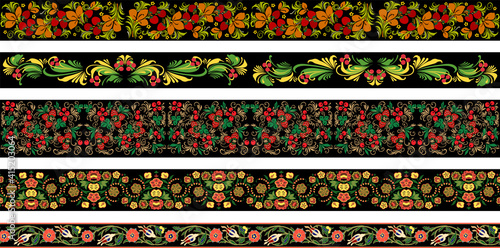 Set of 5 vector border patterns with floral ornament in Russian Khokhloma style styl, Eastern European vintage decor in black, red and green, yellow colors for custom print and design