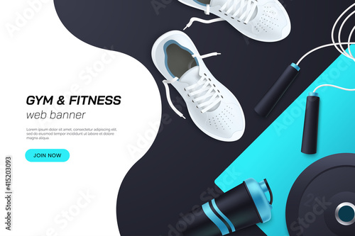 Web page concept for gym and fitness club. Flat lay composition with white sports sneakers, barbell plates, protein shaker, skipping rope. Healthy lifestyle. Realistic 3d style. Vector illustration