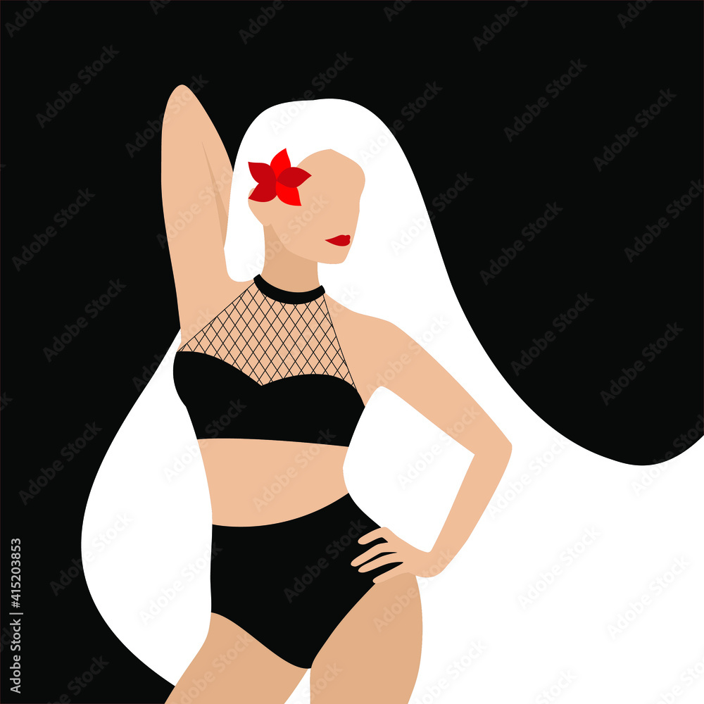 Beautiful slender sexy woman in black underwear with long white blond hair with a red flower on a black background. Vector illustration in flat style Beautiful slender sexy woman in black underwear with long white blond hair with a red flower on a black background. Vector illustration in flat style