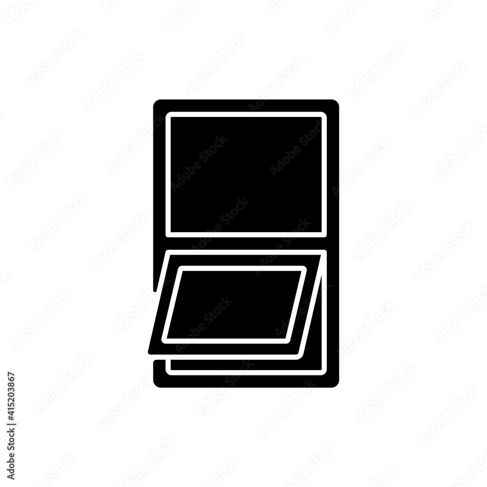 Awning windows black glyph icon. Opening outward from bottom. Controlling air ventilation. Protection from rain. High placement on walls. Silhouette symbol on white space. Vector isolated illustration Awning windows black glyph icon. Opening outward from bottom. Controlling air ventilation. Protection from rain. High placement on walls. Silhouette symbol on white space. Vector isolated illustration