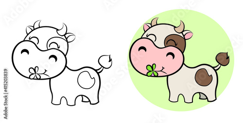 children's coloring book with a cute painted cow chewing grass on a white background, vector illustration