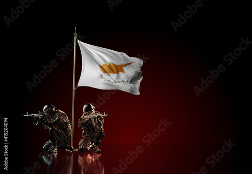 Concept of military conflict. Waving national flag of Cyprus. Illustration of coup idea. Two soldier statue guards defending the symbol of country against red wall