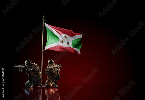 Concept of military conflict. Waving national flag of Burundi. Illustration of coup idea. Two soldier statue guards defending the symbol of country against red wall