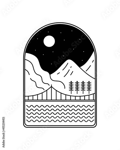 view of a bridge and a mountain at night line art badge patch pin graphic illustration vector art t-shirt design