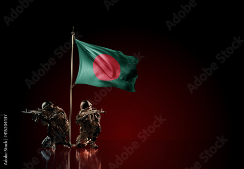 Concept of military conflict. Waving national flag of Bangladesh. Illustration of coup idea. Two soldier statue guards defending the symbol of country against red wall