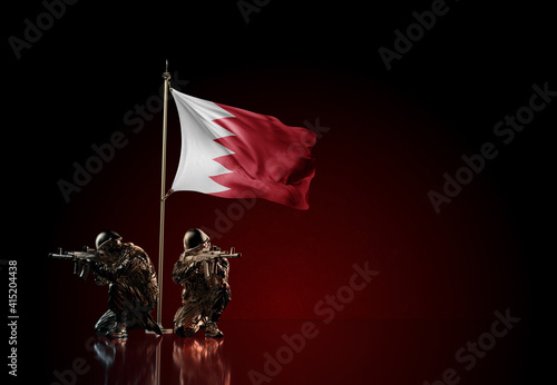 Concept of military conflict. Waving national flag of Bahrain. Illustration of coup idea. Two soldier statue guards defending the symbol of country against red wall