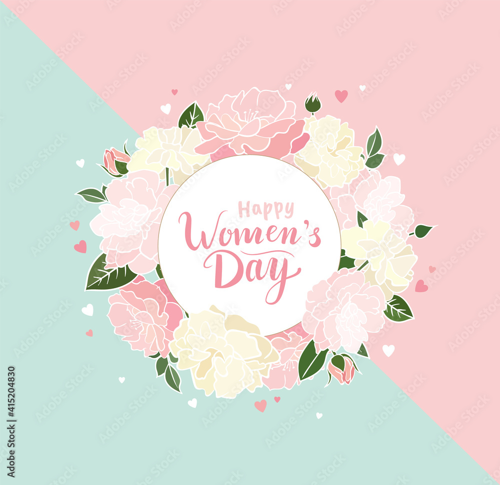 Happy Women's Day greeting card design with flowers, hearts and beautiful handwritten lettering. - Vector