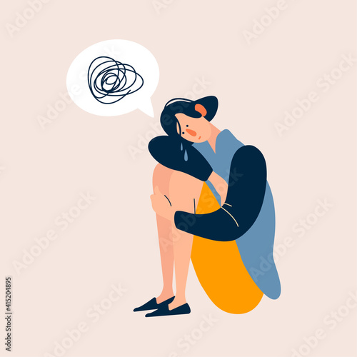 Illustration of sad girl sitting and unhappily hugging her knees and cry. Woman in depression. Flat cartoon vector illustration.