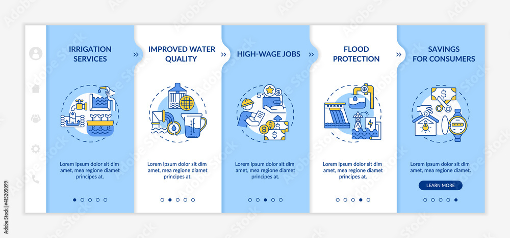 Naklejka premium Hydropower vector infographic template. Source of electricity and storage presentation design elements. Data visualization with 5 steps. Process timeline chart. Workflow layout with linear icons