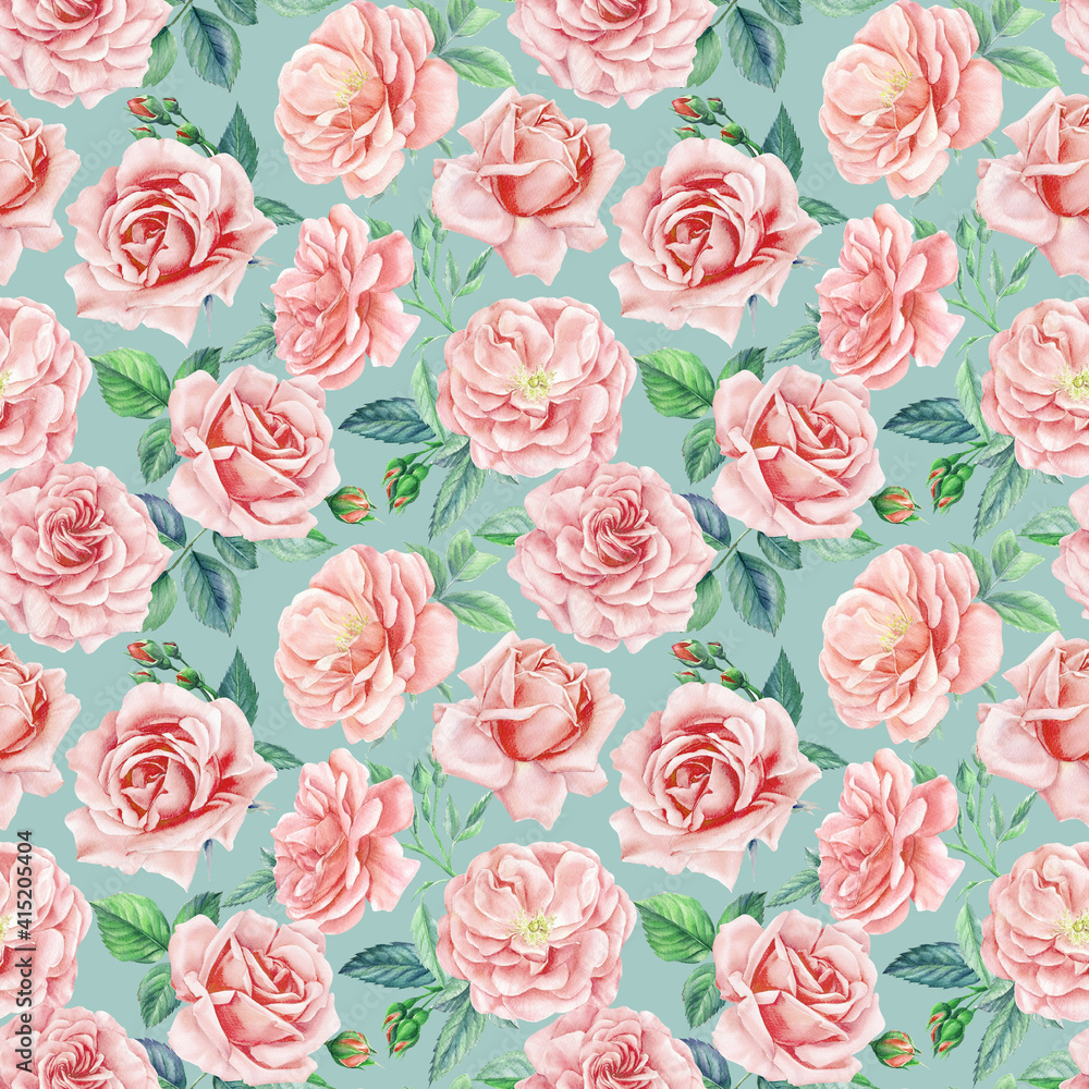 Floral seamless patterns from Rose, buds, leaves. Watercolor painting, Flowers background