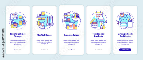 Decluttering tips onboarding mobile app page screen with concepts. Clutter to pile up in home walkthrough 5 steps graphic instructions. UI vector template with RGB color illustrations