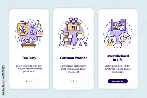 Clutter personality types onboarding mobile app page screen with concepts. Category definition walkthrough 3 steps graphic instructions. UI vector template with RGB color illustrations