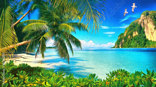 Tropical bay with palms and seagulls. Green plants at the foreground. Digital painting.