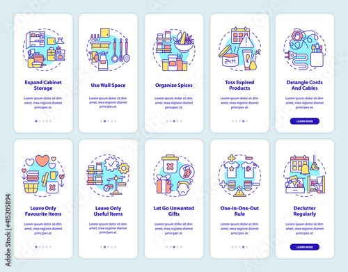 Declutter regulary onboarding mobile app page screen with concepts set. Detangle cord and cables walkthrough 5 steps graphic instructions. UI vector template with RGB color illustrations