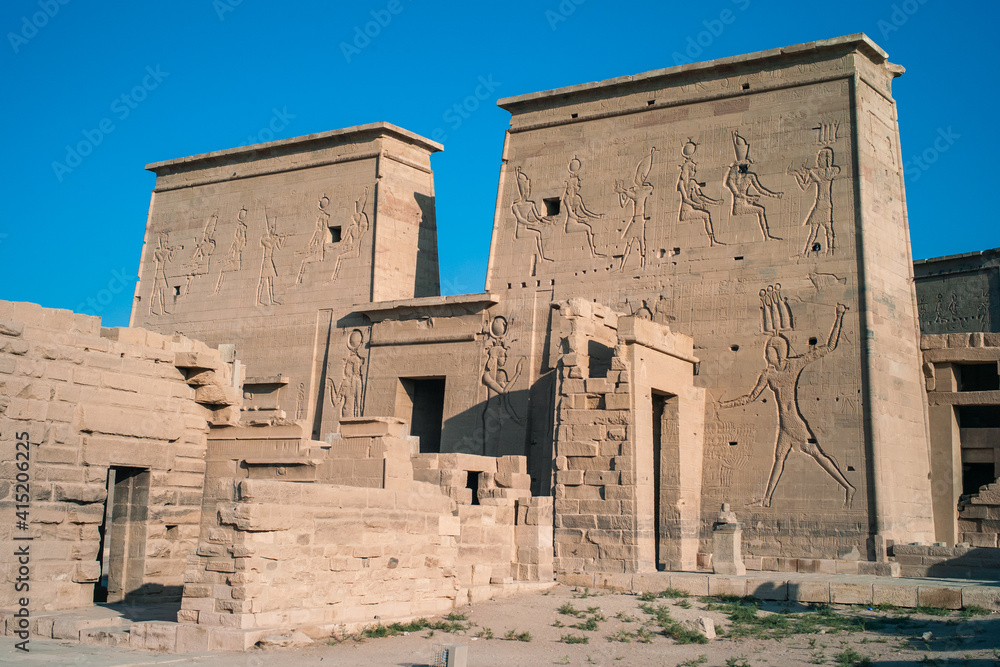 Pylon of the Temple of Isis in Philae on Agilika Island in Aswan, Egypt, Africa on a Sunny Day