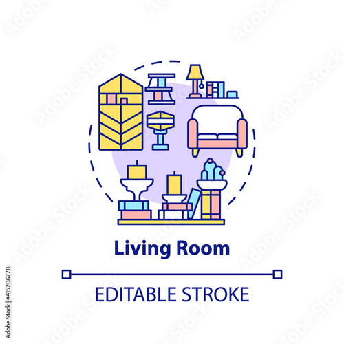Living room concept icon. Decoration and decluttering idea thin line illustration. Place for relax. Rearrangement of furniture. Vector isolated outline RGB color drawing. Editable stroke
