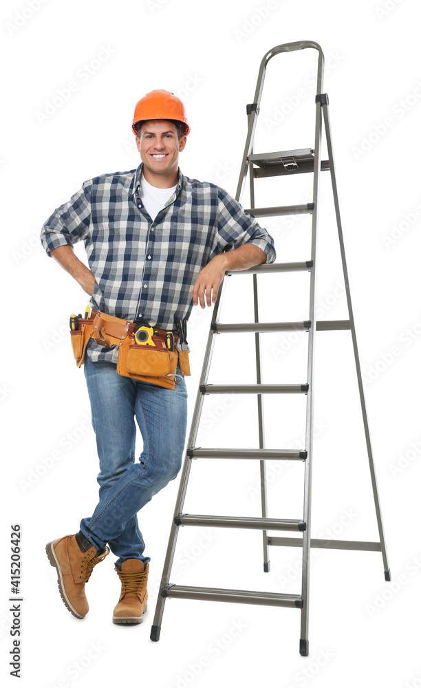 Professional builder near metal ladder on white background Professional builder near metal ladder on white background