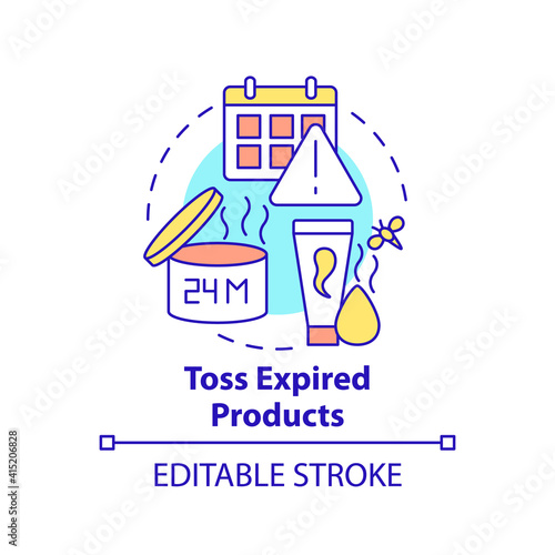 Toss expired products concept icon. Cleaning bathroom from unnecessary and expired funds idea thin line illustration. Expiration date. Vector isolated outline RGB color drawing. Editable stroke