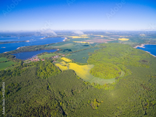 Aerial view of Masurian countryside in the neighborhood of Sztynort, Mazury, Poland (former Steinort, East Prussia)