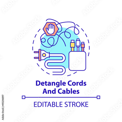 Detangle cords and cables concept icon. Fix wires in cable boxes idea thin line illustration. Using decorative washi tape. Vector isolated outline RGB color drawing. Editable stroke