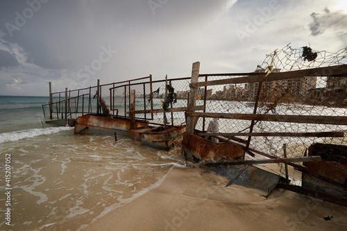 The forbidden zone with view of the Greek resort Famagusta, abandoned after the Turkish invasion of 1974 and now in the Tuskish occupied zone, now falling apart, Cyprus