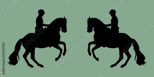 black silhouettes on a green background, dressage, two riders facing each other.