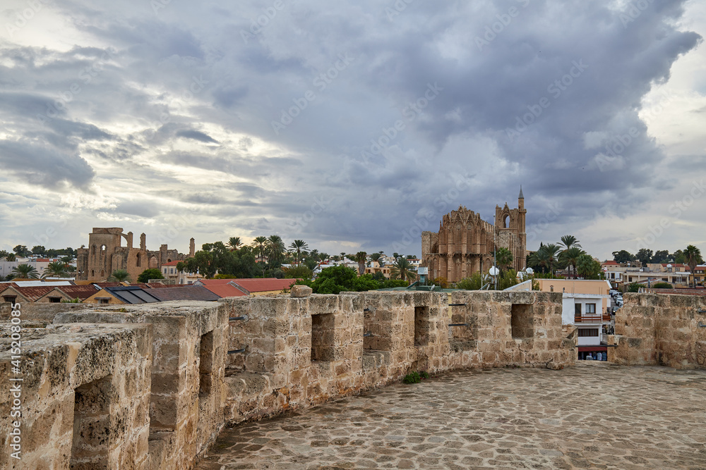 Famagusta fortress built by the Lusignan Kingdom of Cyprus in the 14th century, and redesigned by Republic of Venice in 15th and 16th c., with view to Famagust and its medieval ruins