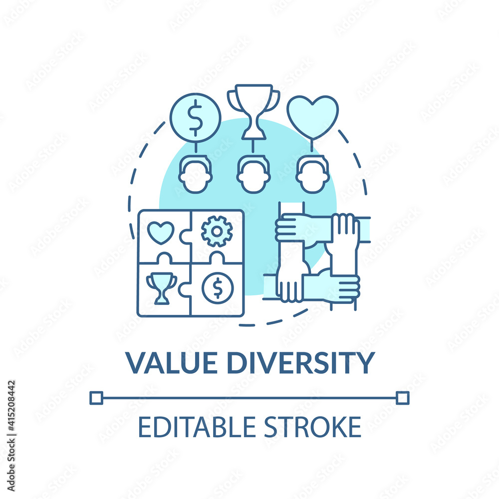 Value diversity concept icon. Top management diversity types. Differences between workers. Multicultural idea thin line illustration. Vector isolated outline RGB color drawing. Editable stroke