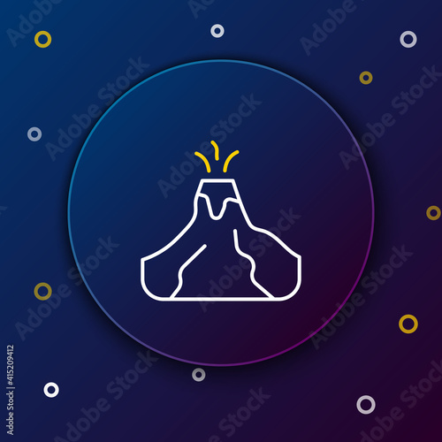 Line Volcano eruption with lava icon isolated on blue background. Colorful outline concept. Vector.