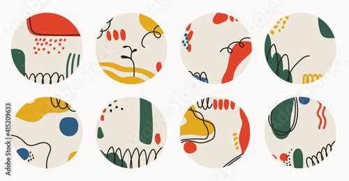 Set of vector abstract round backgrounds. Social media story covers. Modern trendy illustrations in doodle style. Multicolor hand drawn spots and lines.