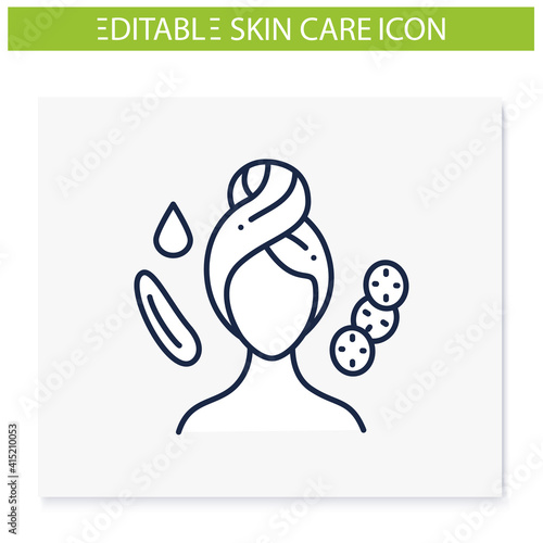 Depuffing eye mask line icon. Organic cucumber eye mask, spa procedures. Natural skincare concept. Facial beauty treatment. Isolated vector illustration.Editable stroke