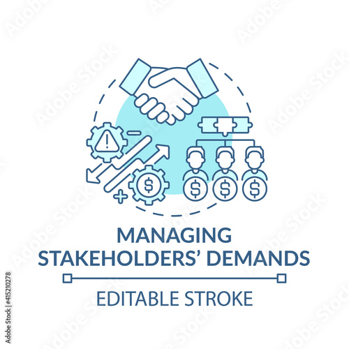 Managing stakeholders demands concept icon. Top management tasks. Practice good teamwork. Company idea thin line illustration. Vector isolated outline RGB color drawing. Editable stroke