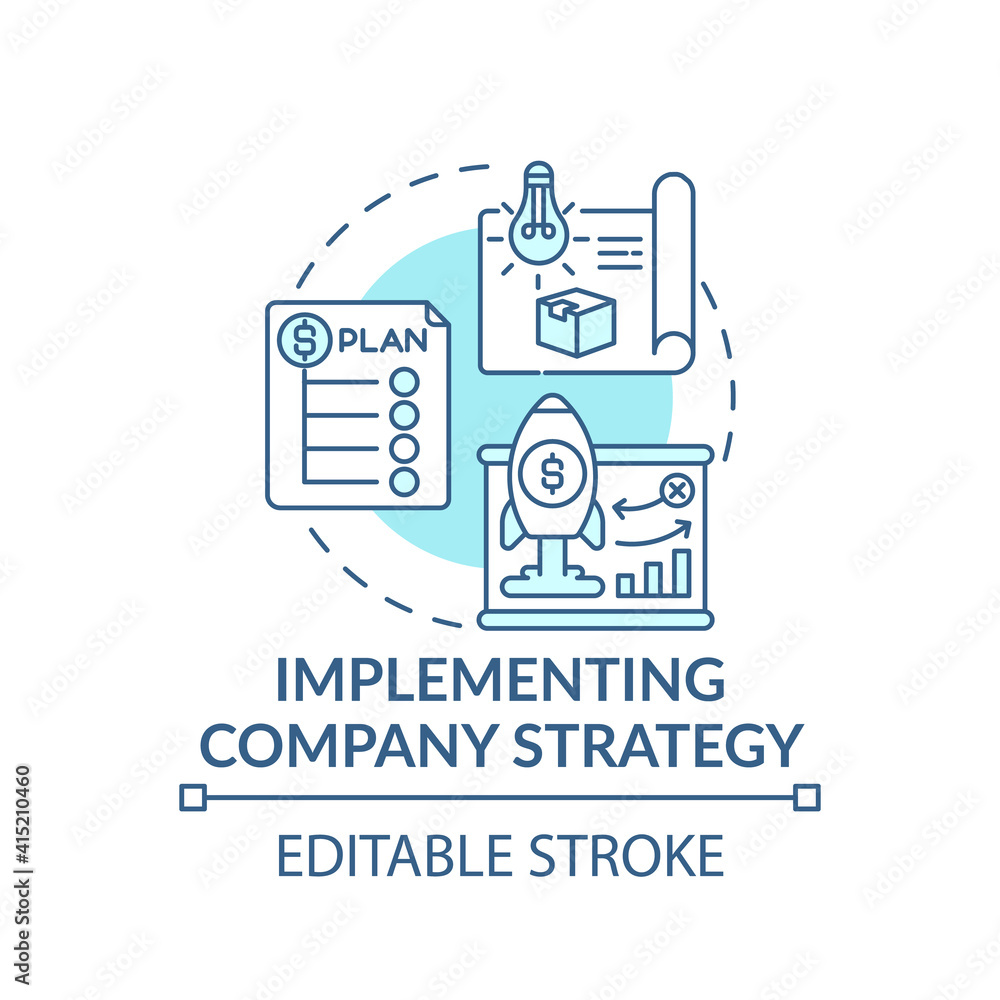 Implementing company strategy concept icon. Top management tasks. Setting company improvement plan. Organization idea thin line illustration. Vector isolated outline RGB color drawing. Editable stroke