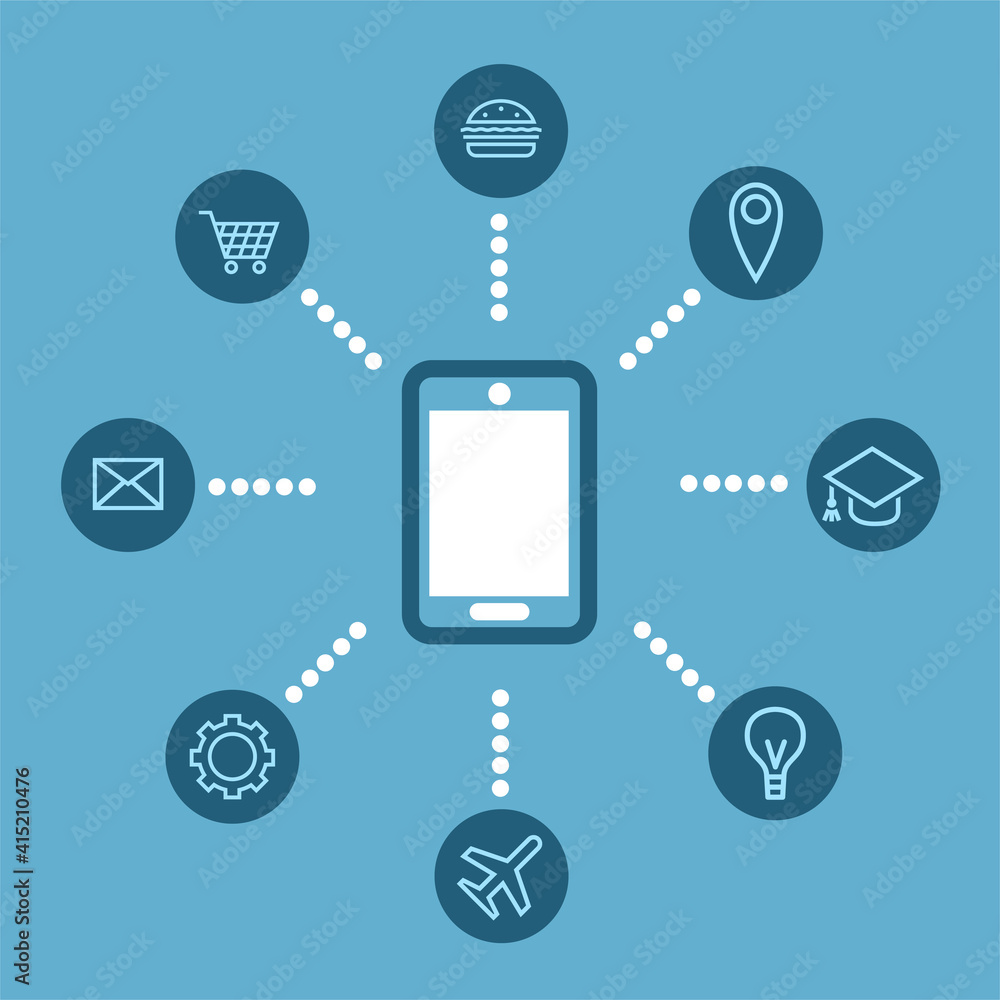 Smartphone with orders for various services on the internet. Sending email, getting an education, shopping. Vector illustration on a blue background. Smartphone with orders for various services on the internet. Sending email, getting an education, shopping. Vector illustration on a blue background.