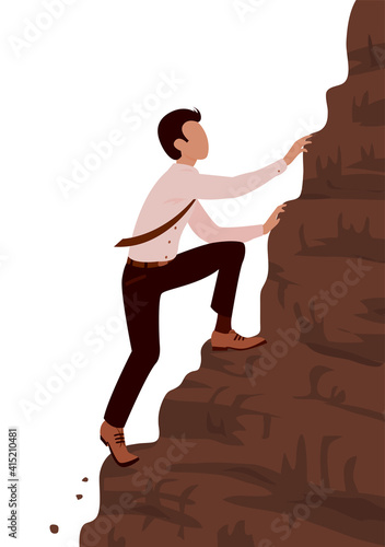 A young brave business man climbs a steep mountain. Career and effort concept. Vector cartoon illustration with white background