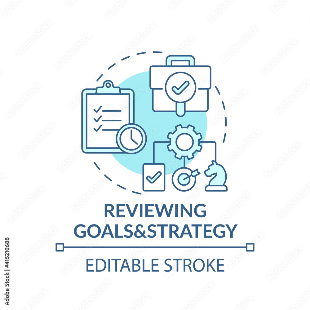 Reviewing goals and strategy concept icon. Top management tasks. Setting challenges for workers. Business idea thin line illustration. Vector isolated outline RGB color drawing. Editable stroke